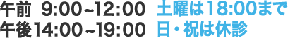 午前9:00~12:00、午後14:00~19:00、土曜は18:00まで、日・祝は休診